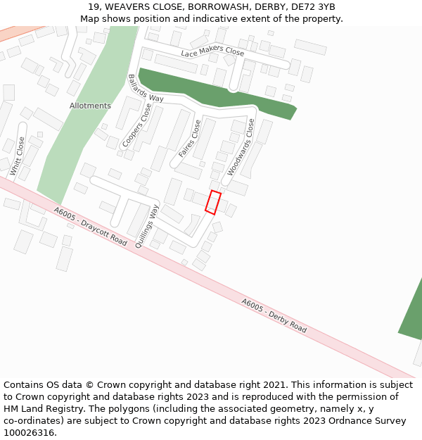 19, WEAVERS CLOSE, BORROWASH, DERBY, DE72 3YB: Location map and indicative extent of plot