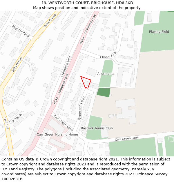 19, WENTWORTH COURT, BRIGHOUSE, HD6 3XD: Location map and indicative extent of plot