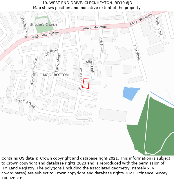 19, WEST END DRIVE, CLECKHEATON, BD19 6JD: Location map and indicative extent of plot