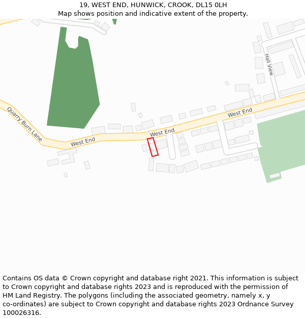 19, WEST END, HUNWICK, CROOK, DL15 0LH: Location map and indicative extent of plot