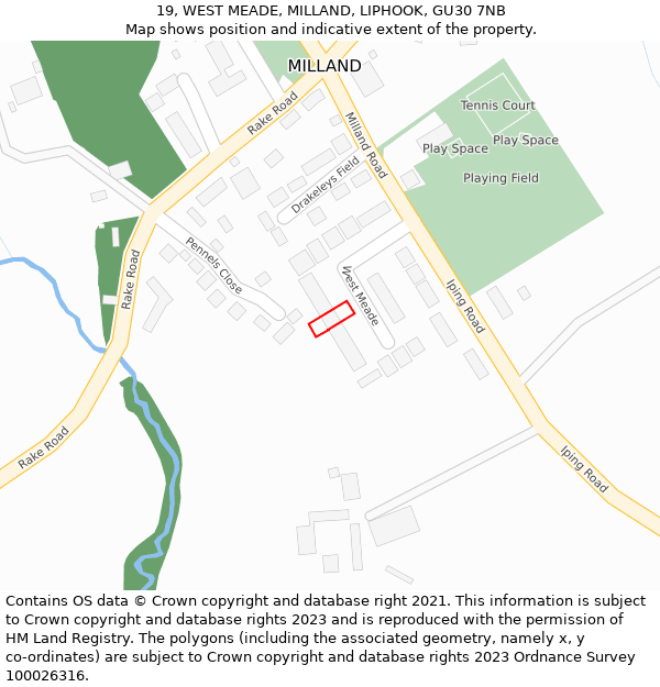 19, WEST MEADE, MILLAND, LIPHOOK, GU30 7NB: Location map and indicative extent of plot