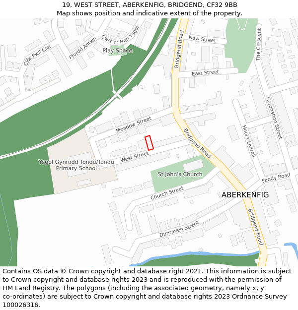 19, WEST STREET, ABERKENFIG, BRIDGEND, CF32 9BB: Location map and indicative extent of plot