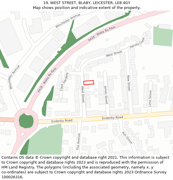 19, WEST STREET, BLABY, LEICESTER, LE8 4GY: Location map and indicative extent of plot