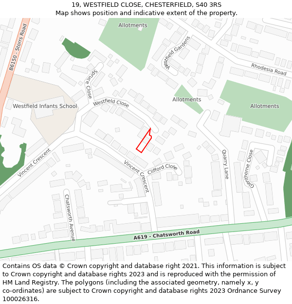 19, WESTFIELD CLOSE, CHESTERFIELD, S40 3RS: Location map and indicative extent of plot