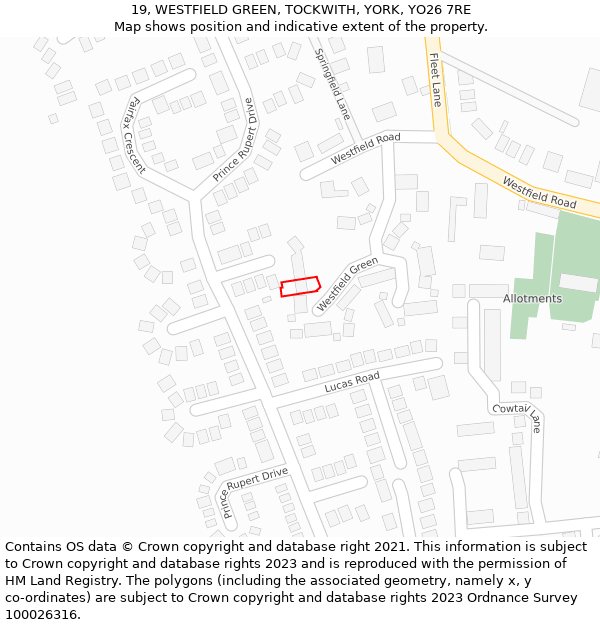 19, WESTFIELD GREEN, TOCKWITH, YORK, YO26 7RE: Location map and indicative extent of plot