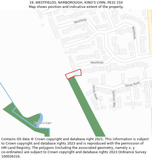 19, WESTFIELDS, NARBOROUGH, KING'S LYNN, PE32 1SX: Location map and indicative extent of plot