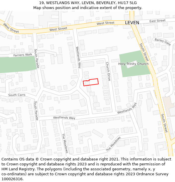 19, WESTLANDS WAY, LEVEN, BEVERLEY, HU17 5LG: Location map and indicative extent of plot