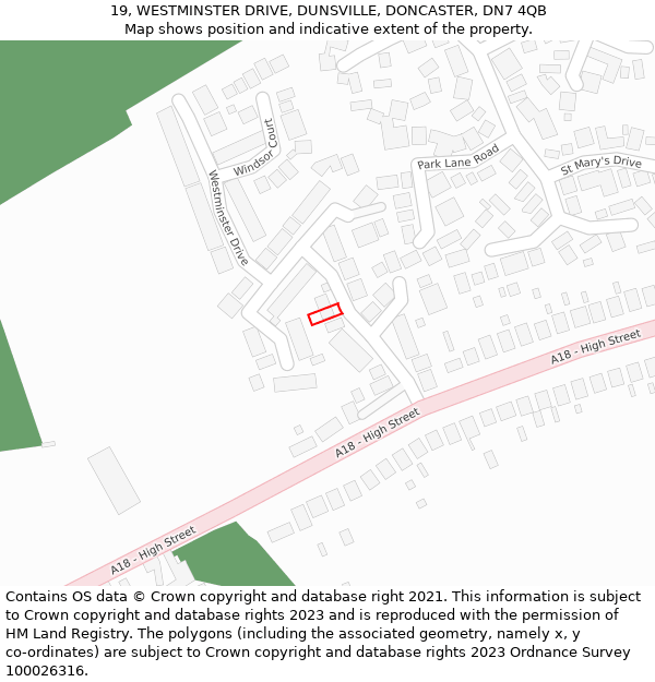 19, WESTMINSTER DRIVE, DUNSVILLE, DONCASTER, DN7 4QB: Location map and indicative extent of plot