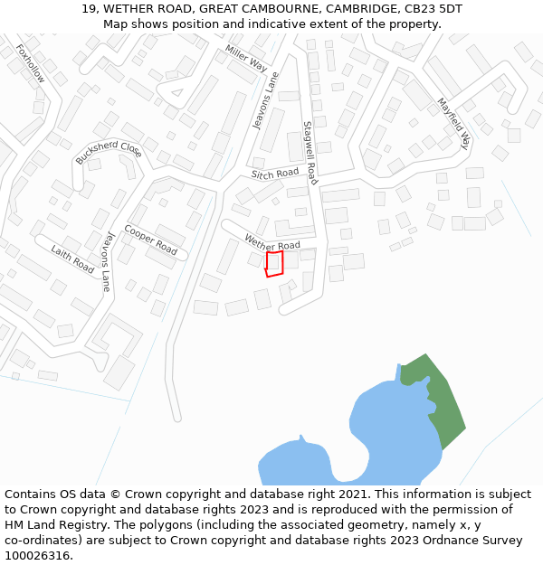 19, WETHER ROAD, GREAT CAMBOURNE, CAMBRIDGE, CB23 5DT: Location map and indicative extent of plot