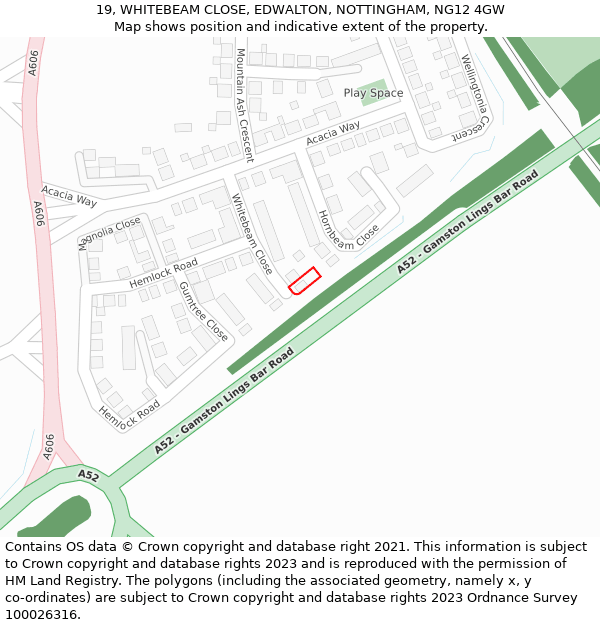 19, WHITEBEAM CLOSE, EDWALTON, NOTTINGHAM, NG12 4GW: Location map and indicative extent of plot