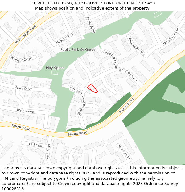 19, WHITFIELD ROAD, KIDSGROVE, STOKE-ON-TRENT, ST7 4YD: Location map and indicative extent of plot