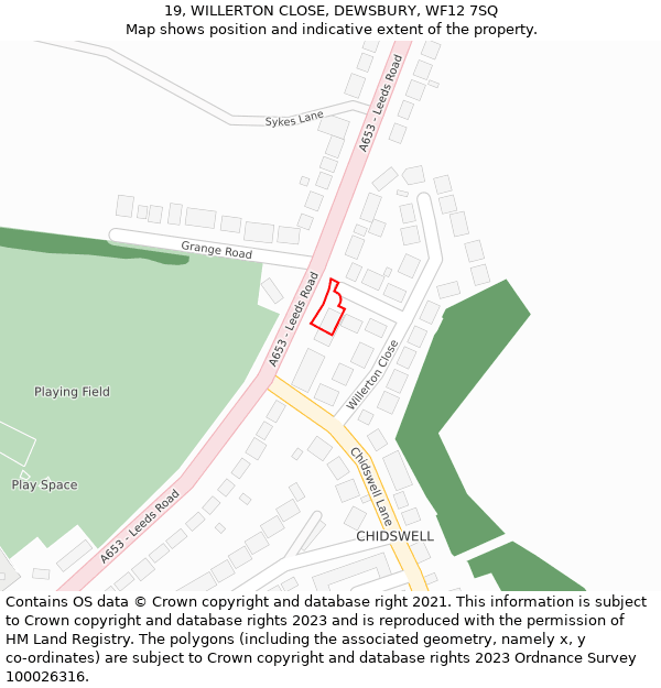 19, WILLERTON CLOSE, DEWSBURY, WF12 7SQ: Location map and indicative extent of plot