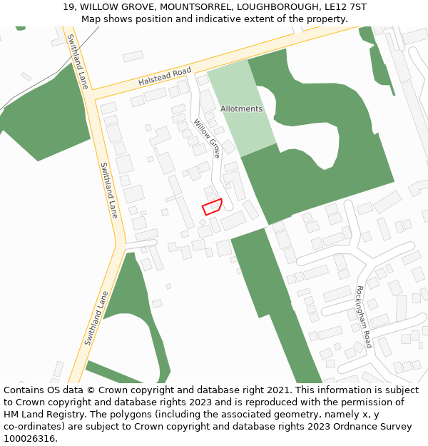 19, WILLOW GROVE, MOUNTSORREL, LOUGHBOROUGH, LE12 7ST: Location map and indicative extent of plot