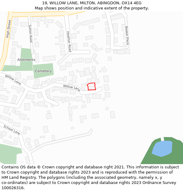 19, WILLOW LANE, MILTON, ABINGDON, OX14 4EG: Location map and indicative extent of plot