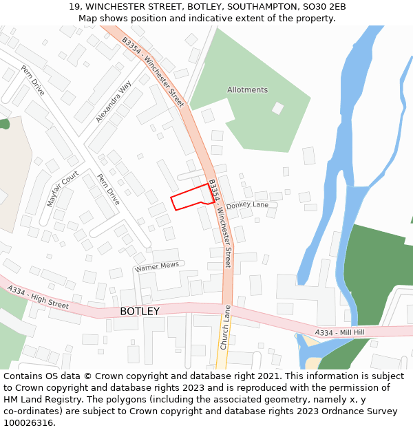 19, WINCHESTER STREET, BOTLEY, SOUTHAMPTON, SO30 2EB: Location map and indicative extent of plot