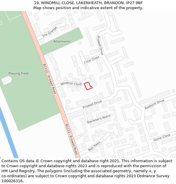 19, WINDMILL CLOSE, LAKENHEATH, BRANDON, IP27 9BF: Location map and indicative extent of plot