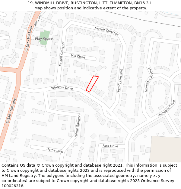 19, WINDMILL DRIVE, RUSTINGTON, LITTLEHAMPTON, BN16 3HL: Location map and indicative extent of plot