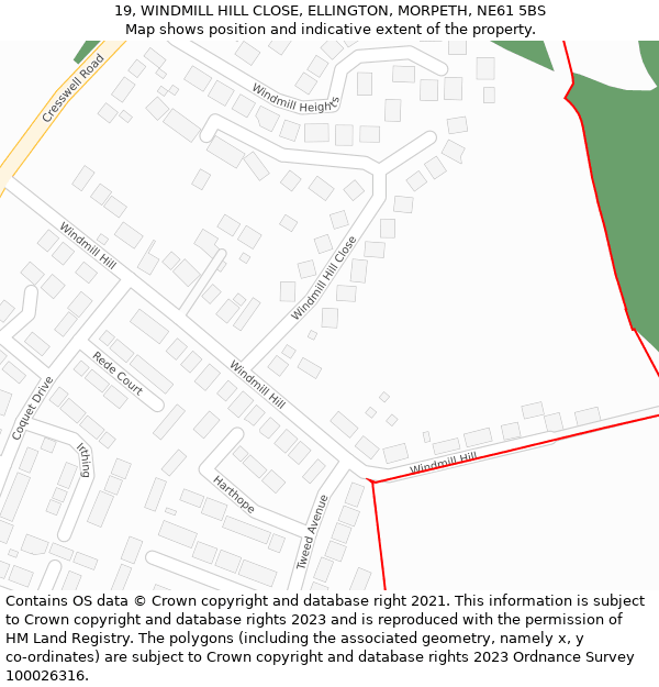 19, WINDMILL HILL CLOSE, ELLINGTON, MORPETH, NE61 5BS: Location map and indicative extent of plot