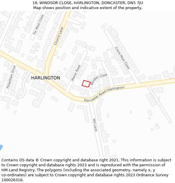 19, WINDSOR CLOSE, HARLINGTON, DONCASTER, DN5 7JU: Location map and indicative extent of plot