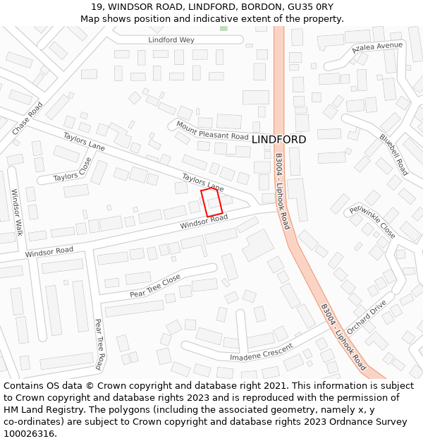 19, WINDSOR ROAD, LINDFORD, BORDON, GU35 0RY: Location map and indicative extent of plot