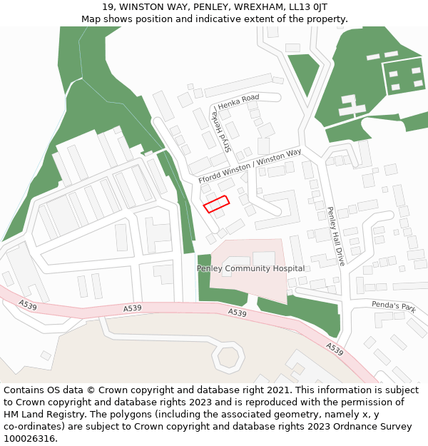 19, WINSTON WAY, PENLEY, WREXHAM, LL13 0JT: Location map and indicative extent of plot