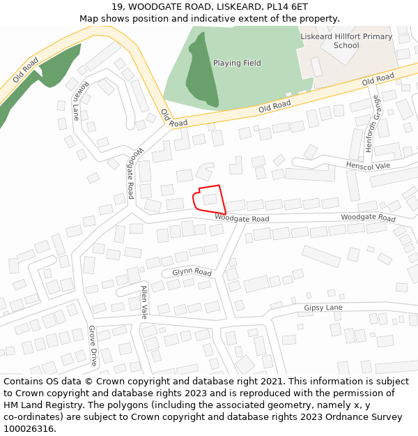 19, WOODGATE ROAD, LISKEARD, PL14 6ET: Location map and indicative extent of plot