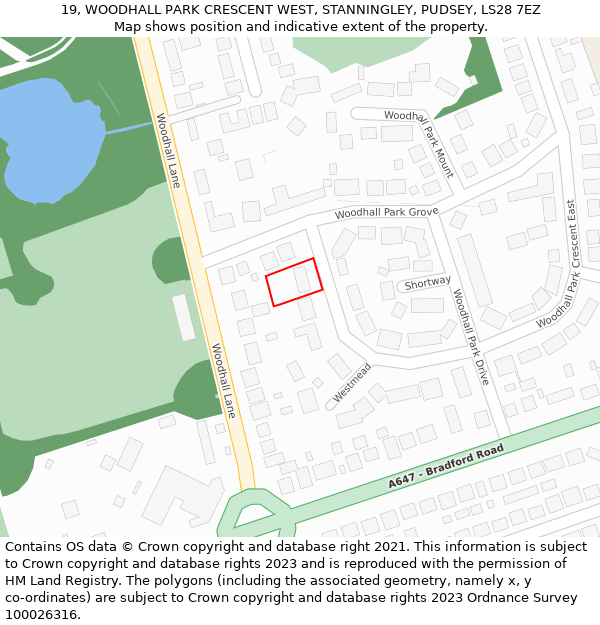19, WOODHALL PARK CRESCENT WEST, STANNINGLEY, PUDSEY, LS28 7EZ: Location map and indicative extent of plot