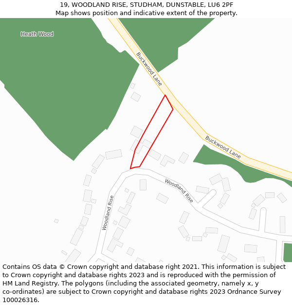 19, WOODLAND RISE, STUDHAM, DUNSTABLE, LU6 2PF: Location map and indicative extent of plot