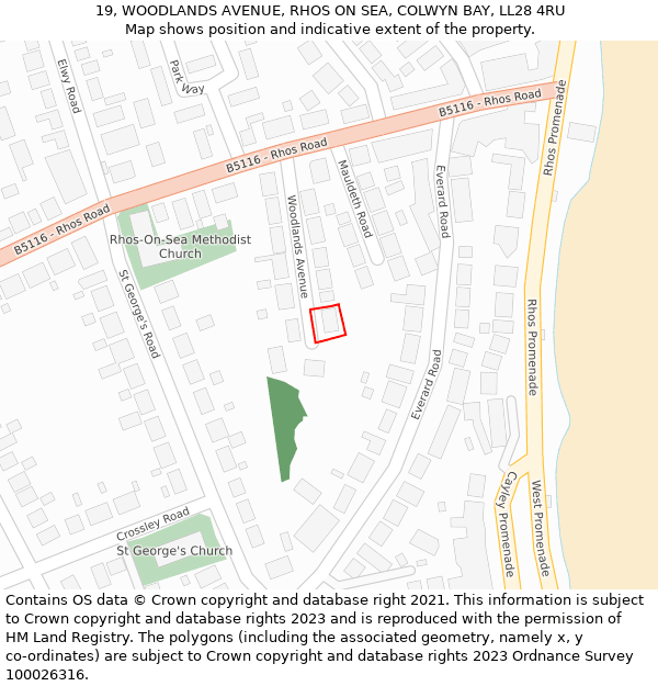 19, WOODLANDS AVENUE, RHOS ON SEA, COLWYN BAY, LL28 4RU: Location map and indicative extent of plot