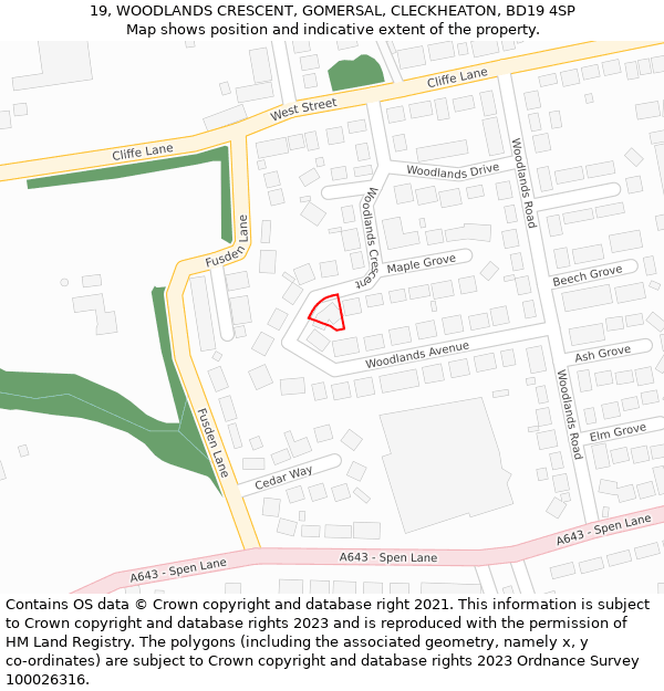 19, WOODLANDS CRESCENT, GOMERSAL, CLECKHEATON, BD19 4SP: Location map and indicative extent of plot