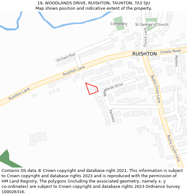 19, WOODLANDS DRIVE, RUISHTON, TAUNTON, TA3 5JU: Location map and indicative extent of plot