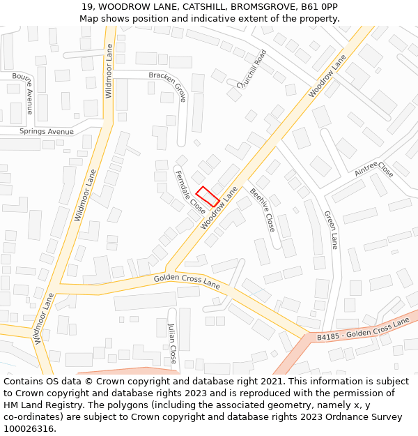 19, WOODROW LANE, CATSHILL, BROMSGROVE, B61 0PP: Location map and indicative extent of plot