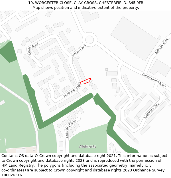 19, WORCESTER CLOSE, CLAY CROSS, CHESTERFIELD, S45 9FB: Location map and indicative extent of plot