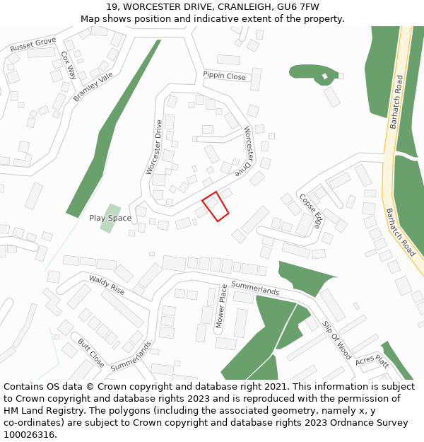 19, WORCESTER DRIVE, CRANLEIGH, GU6 7FW: Location map and indicative extent of plot