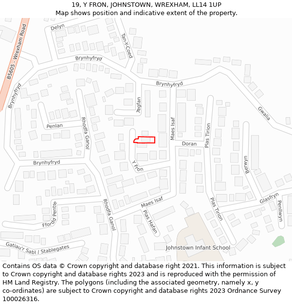 19, Y FRON, JOHNSTOWN, WREXHAM, LL14 1UP: Location map and indicative extent of plot