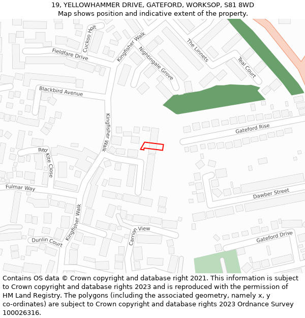 19, YELLOWHAMMER DRIVE, GATEFORD, WORKSOP, S81 8WD: Location map and indicative extent of plot