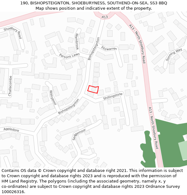 190, BISHOPSTEIGNTON, SHOEBURYNESS, SOUTHEND-ON-SEA, SS3 8BQ: Location map and indicative extent of plot