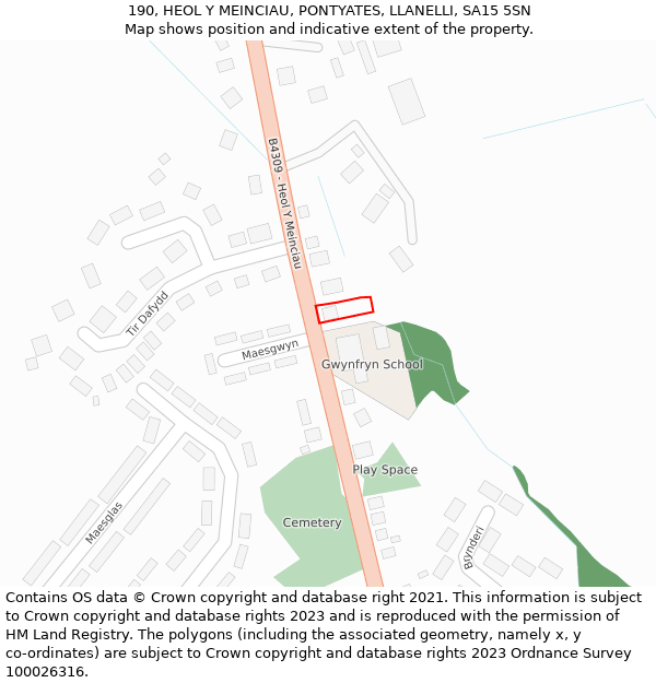 190, HEOL Y MEINCIAU, PONTYATES, LLANELLI, SA15 5SN: Location map and indicative extent of plot