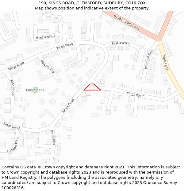 190, KINGS ROAD, GLEMSFORD, SUDBURY, CO10 7QX: Location map and indicative extent of plot