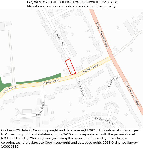 190, WESTON LANE, BULKINGTON, BEDWORTH, CV12 9RX: Location map and indicative extent of plot