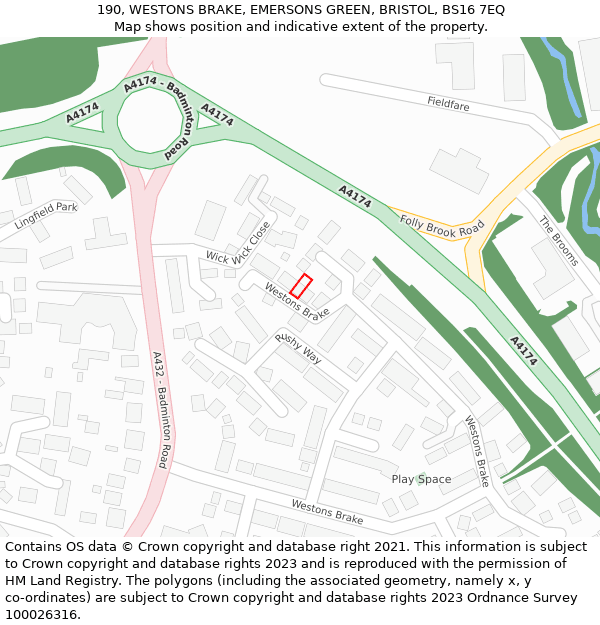 190, WESTONS BRAKE, EMERSONS GREEN, BRISTOL, BS16 7EQ: Location map and indicative extent of plot