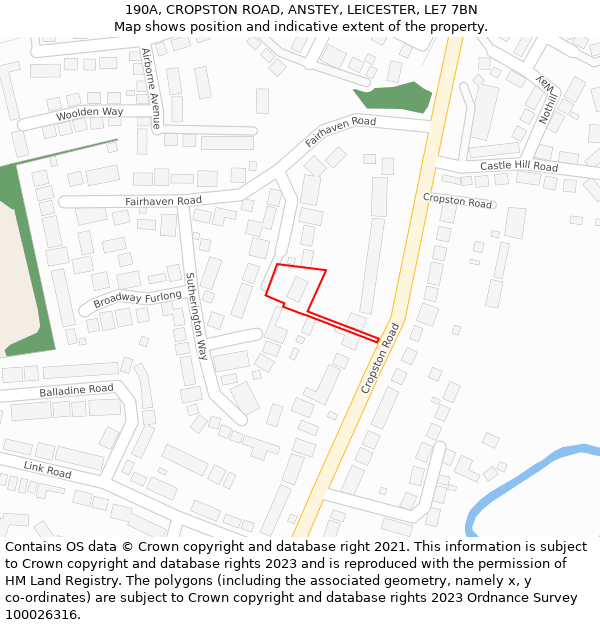 190A, CROPSTON ROAD, ANSTEY, LEICESTER, LE7 7BN: Location map and indicative extent of plot