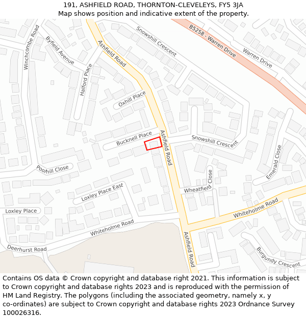 191, ASHFIELD ROAD, THORNTON-CLEVELEYS, FY5 3JA: Location map and indicative extent of plot