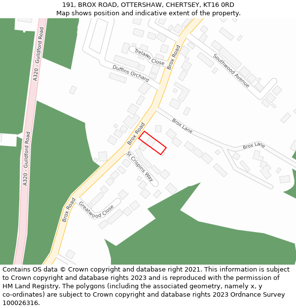 191, BROX ROAD, OTTERSHAW, CHERTSEY, KT16 0RD: Location map and indicative extent of plot