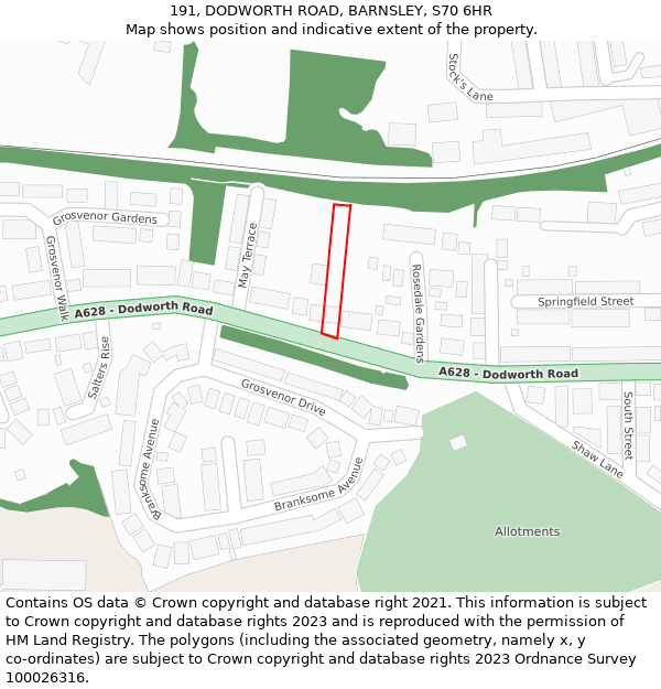 191, DODWORTH ROAD, BARNSLEY, S70 6HR: Location map and indicative extent of plot