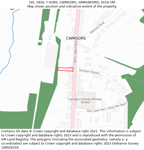 191, HEOL Y GORS, CWMGORS, AMMANFORD, SA18 1RF: Location map and indicative extent of plot