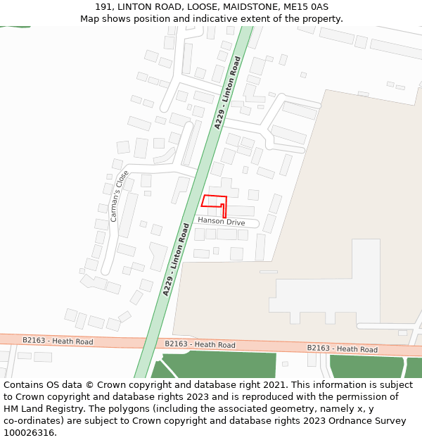 191, LINTON ROAD, LOOSE, MAIDSTONE, ME15 0AS: Location map and indicative extent of plot