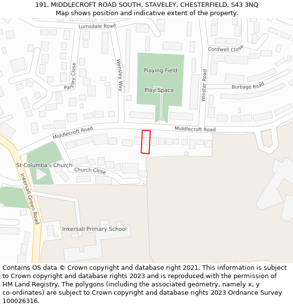191, MIDDLECROFT ROAD SOUTH, STAVELEY, CHESTERFIELD, S43 3NQ: Location map and indicative extent of plot