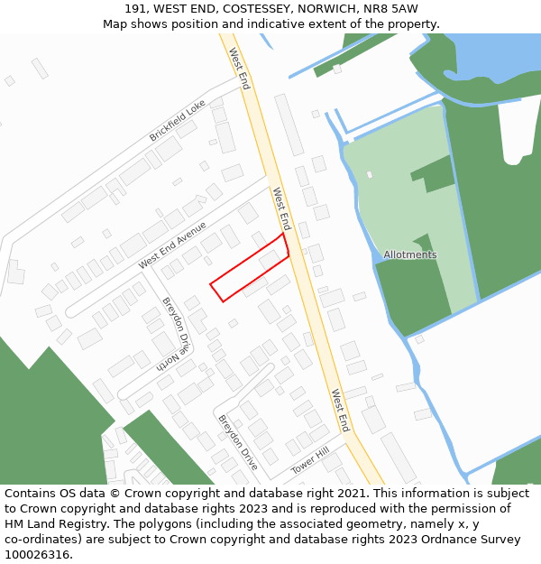 191, WEST END, COSTESSEY, NORWICH, NR8 5AW: Location map and indicative extent of plot