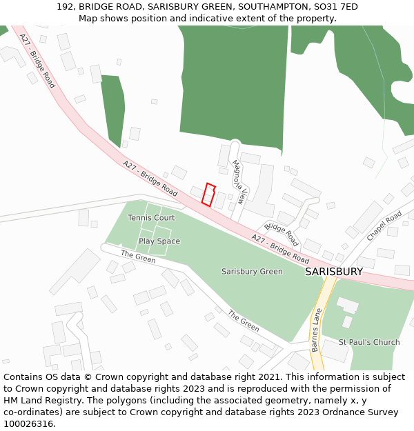 192, BRIDGE ROAD, SARISBURY GREEN, SOUTHAMPTON, SO31 7ED: Location map and indicative extent of plot